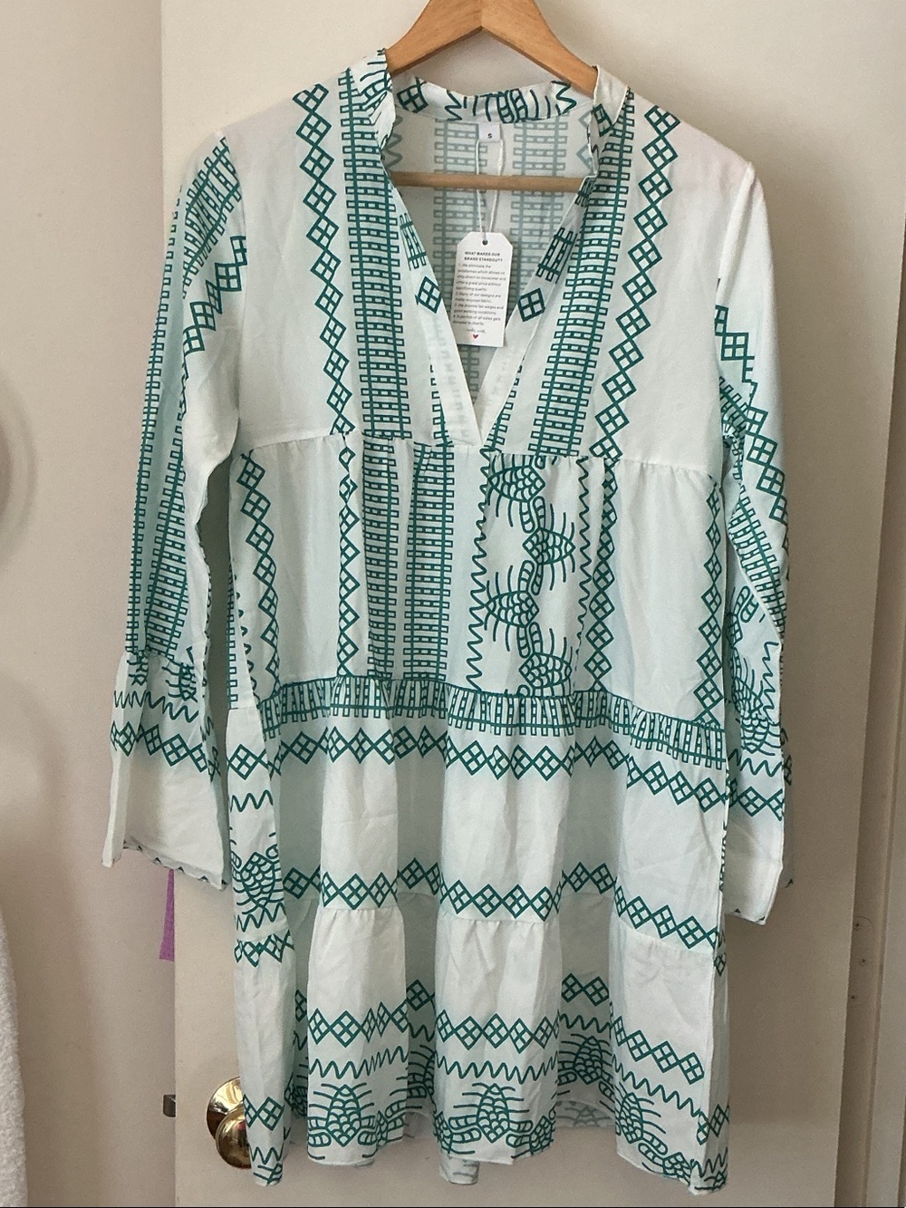 Light Blue Tunic Dress with Teal Geometric Print. Unbranded